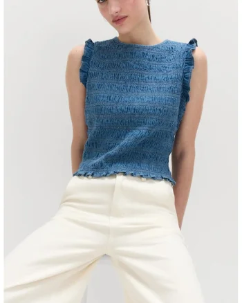 Bluza crop de bumbac, Albastru cobalt