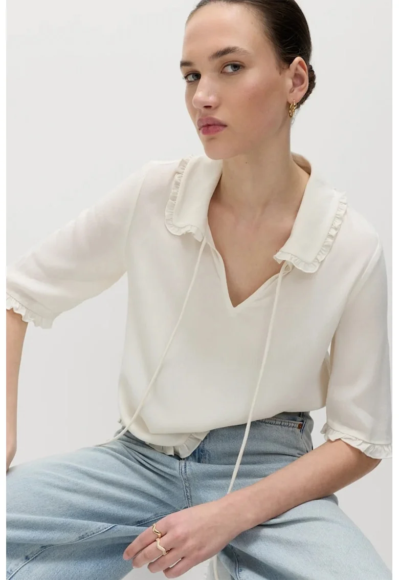 Bluza lejera cu decolteu in V, Alb fildes