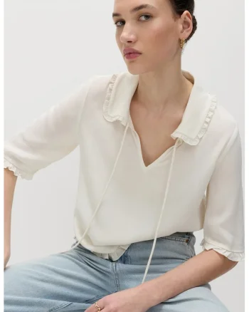 Bluza lejera cu decolteu in V, Alb fildes