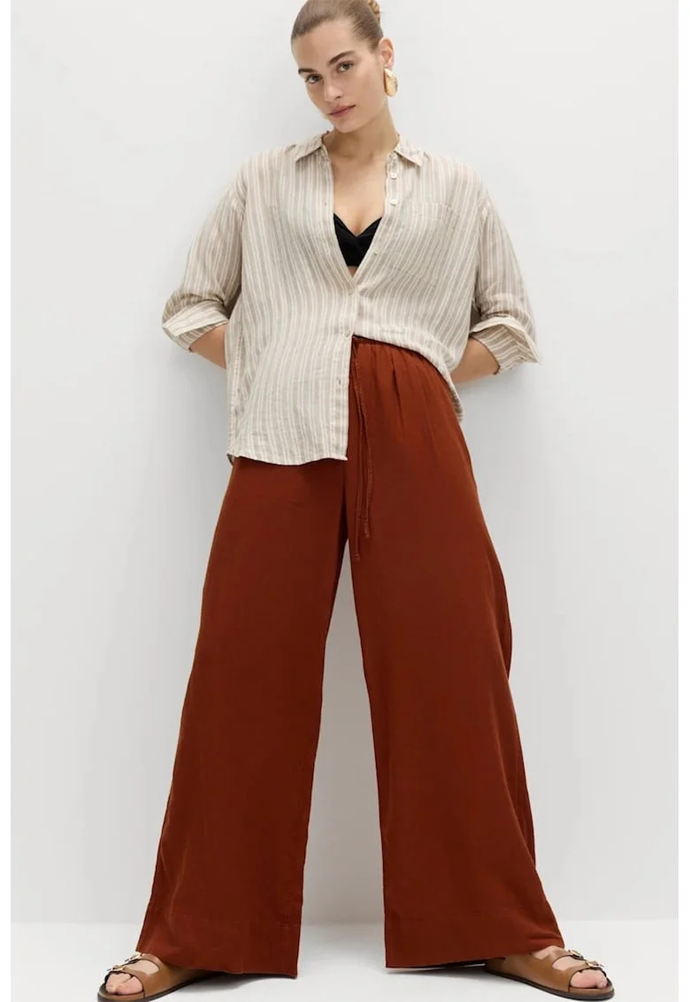 Pantaloni ampli din amestec de in cu buzunare, Maro cognac