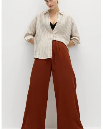 Pantaloni ampli din amestec de in cu buzunare, Maro cognac