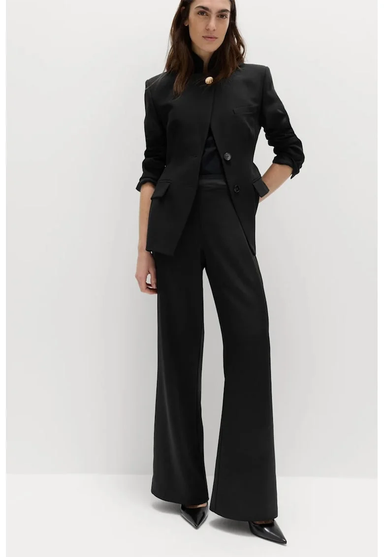 Pantaloni evazati cu aspect de satin si talie inalta, Negru
