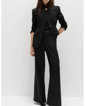 Pantaloni evazati cu aspect de satin si talie inalta, Negru