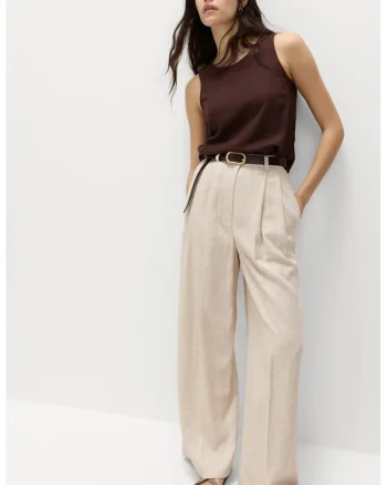 Pantaloni din amestec de in cu croiala ampla si pliuri frontale, Bej sampanie