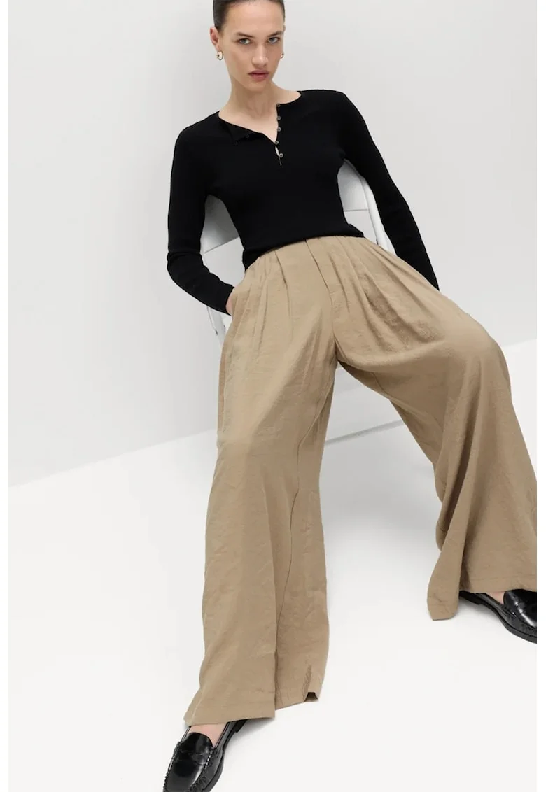 Pantaloni ampli cu pliuri inverse, Maro taupe deschis
