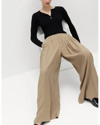 Pantaloni ampli cu pliuri inverse, Maro taupe deschis