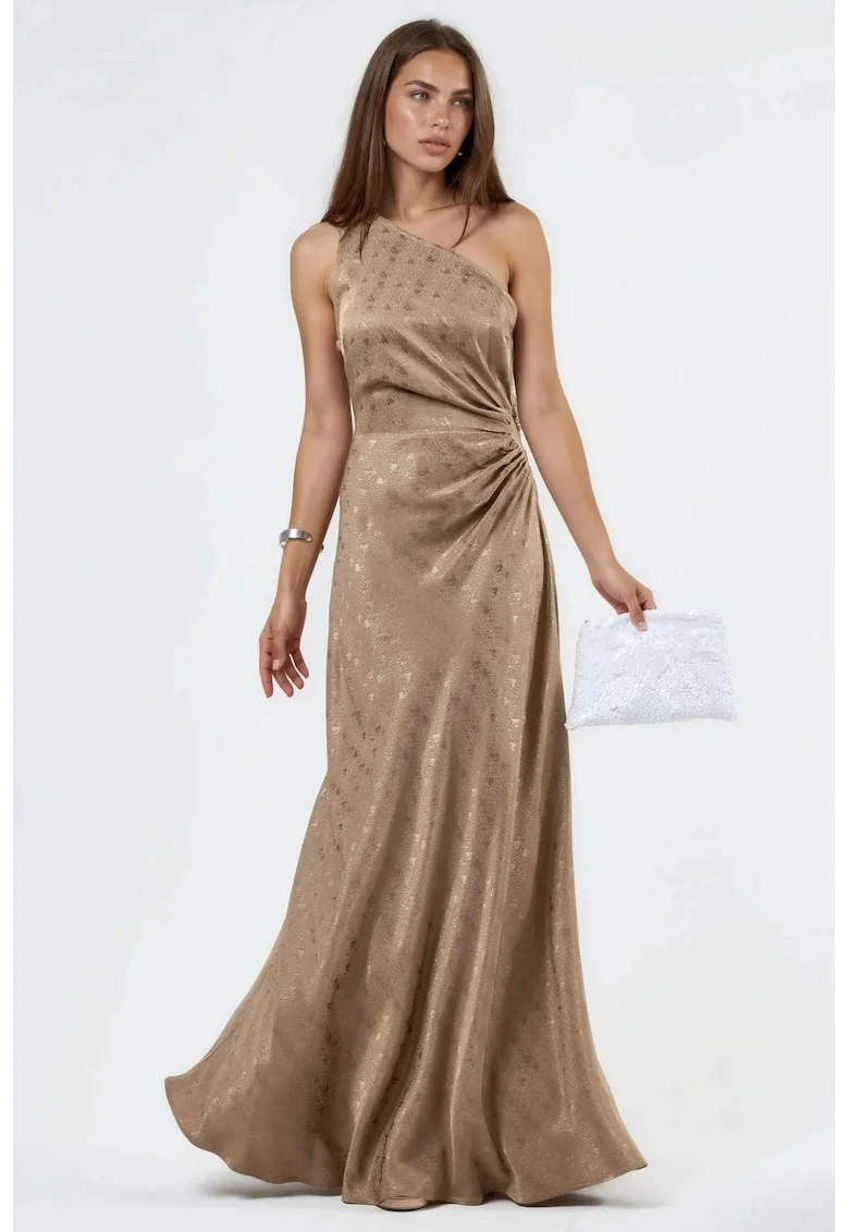 Rochie maxi,  asimetrica, cu un umar gol, maro, satin