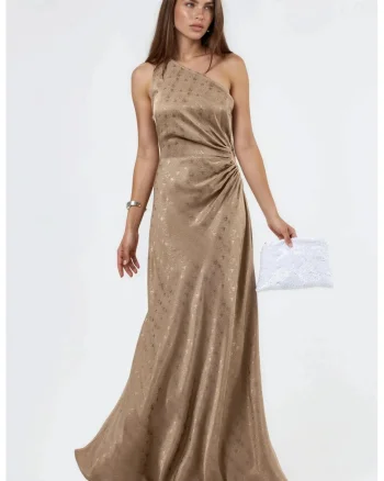 Rochie maxi,  asimetrica, cu un umar gol, maro, satin