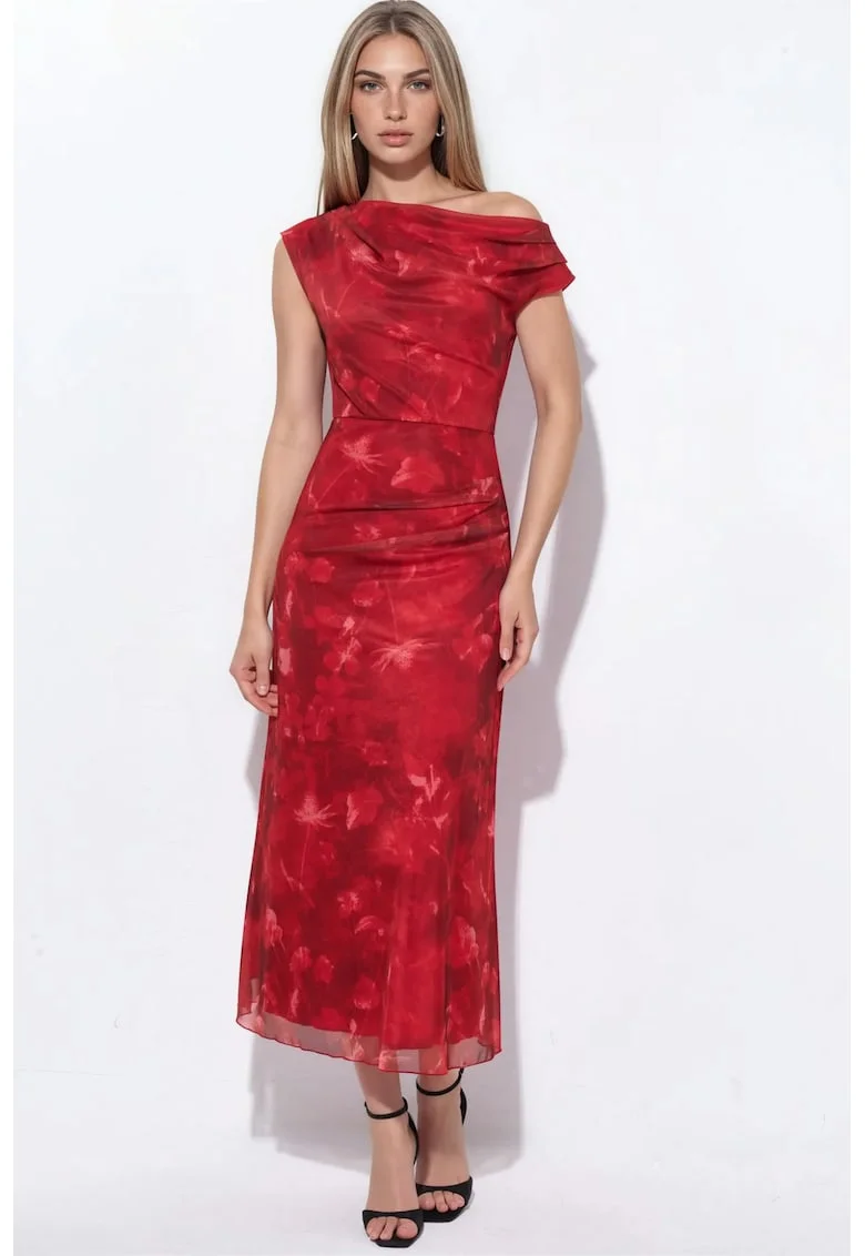 Rochie Midi,  Eleganta, Florala, Rosie, Poliester-Elastan