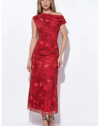 Rochie Midi,  Eleganta, Florala, Rosie, Poliester-Elastan