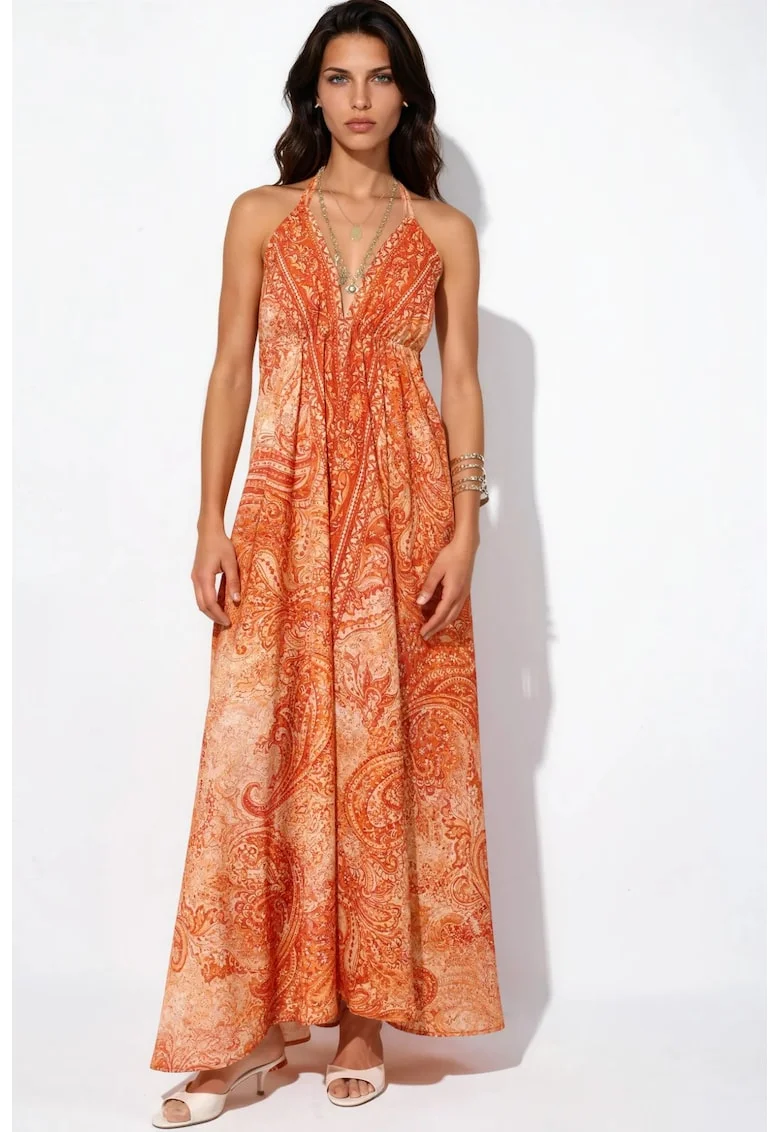 Rochie Maxi,  Casual, Portocalie, Poliester-Elastan