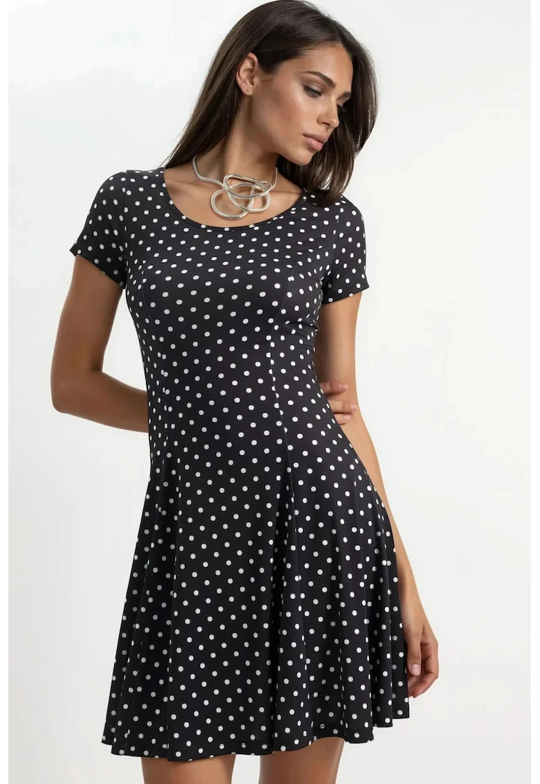 Rochie Mini  Casual, Negru, Buline, Poliester-Elastan