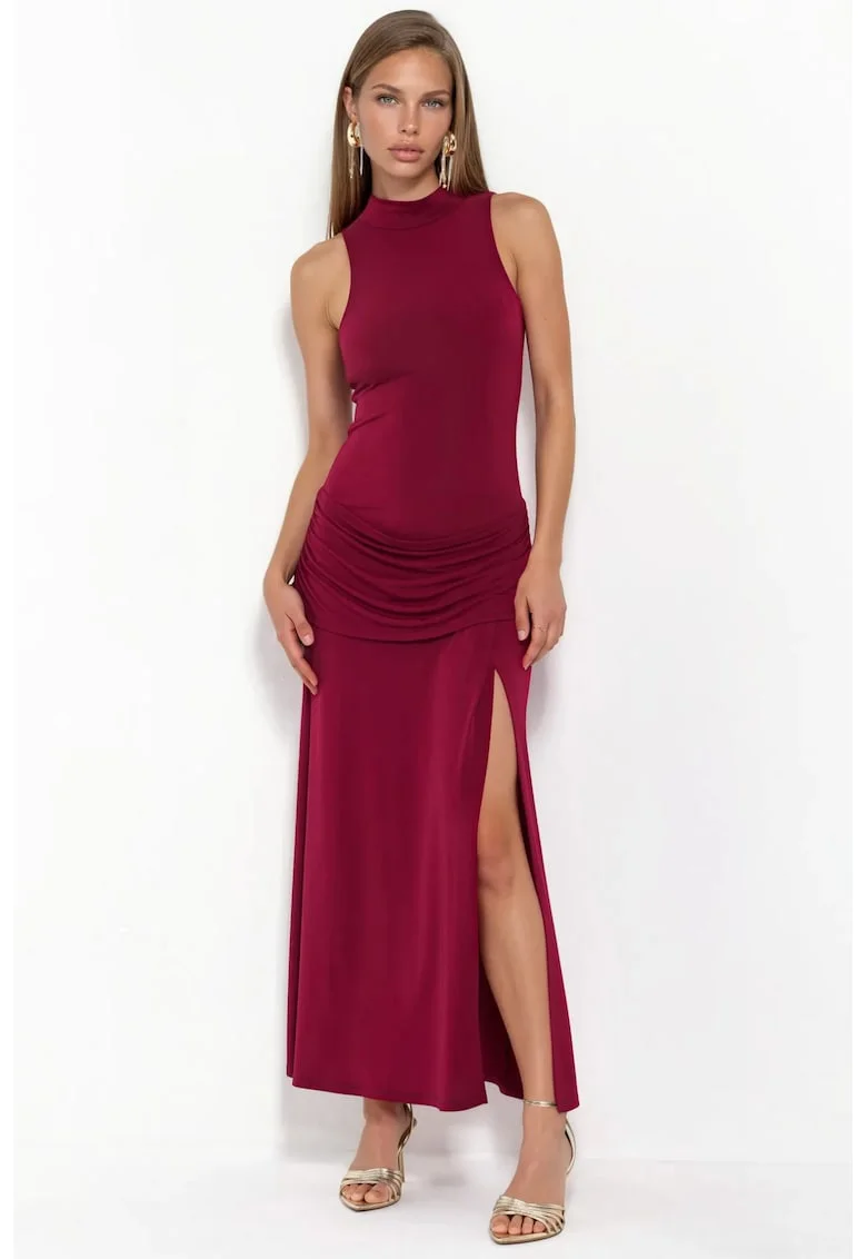Rochie lunga  casual, guler inalt, rosu burgundy, poliester-elastan