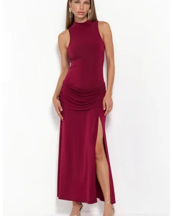 Rochie lunga  casual, guler inalt, rosu burgundy, poliester-elastan