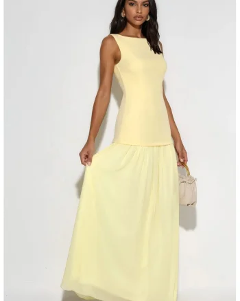 Rochie Maxi  galben lamaie, casual, poliester-elastan