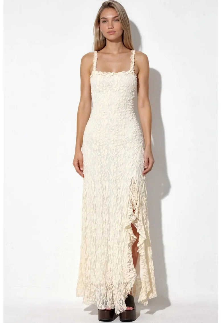 Rochie maxi,  A-line, elasticitate, crem natural, poliester-elastan