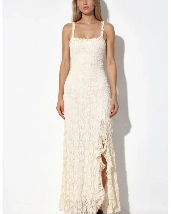 Rochie maxi,  A-line, elasticitate, crem natural, poliester-elastan