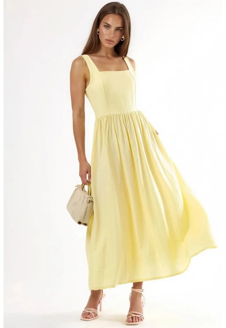 Rochie midi  galben lamaie, decolteu patrat, fara maneci