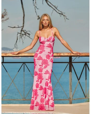 Rochie Maxi,  Guler Inima, Floral, Roz, Poliester