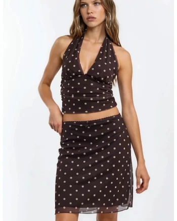 Fusta mini,  buline, slim fit, maro inchis