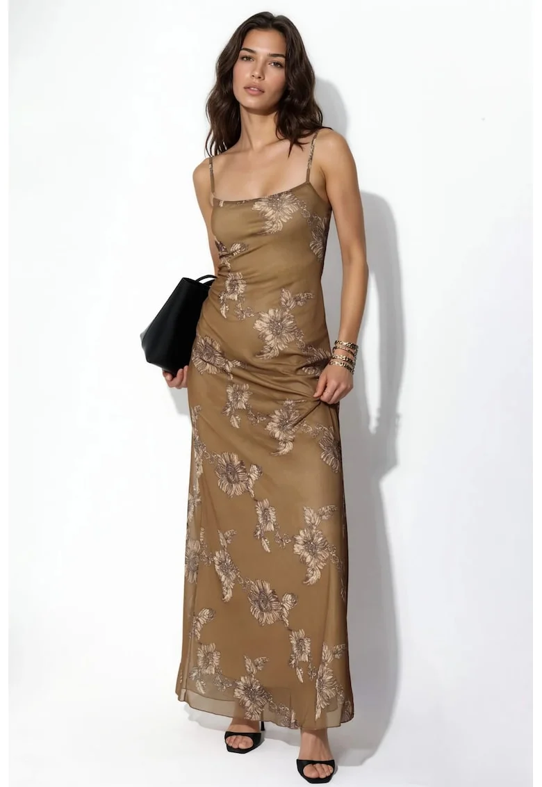 Rochie Maxi,  floral, verde kaki, poliester cu elastan