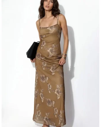 Rochie Maxi,  floral, verde kaki, poliester cu elastan