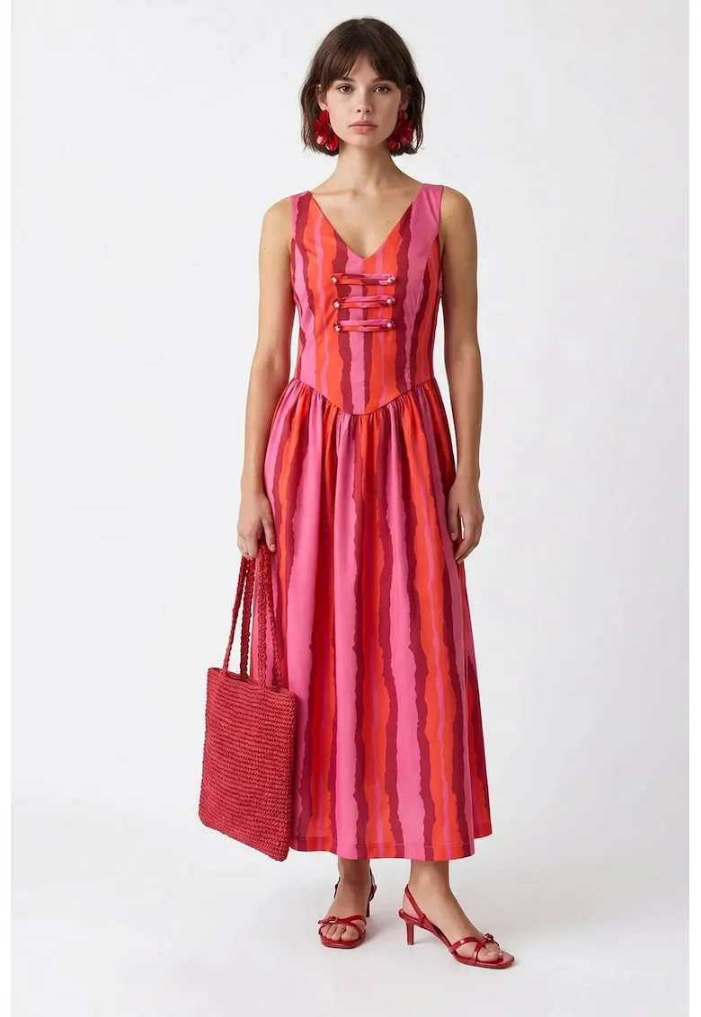 Rochie Midi Femei  Multicolor, Casual, Detalii cu snur, Poliester-Elastan