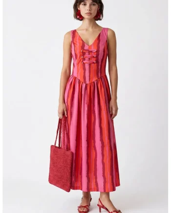 Rochie Midi Femei  Multicolor, Casual, Detalii cu snur, Poliester-Elastan