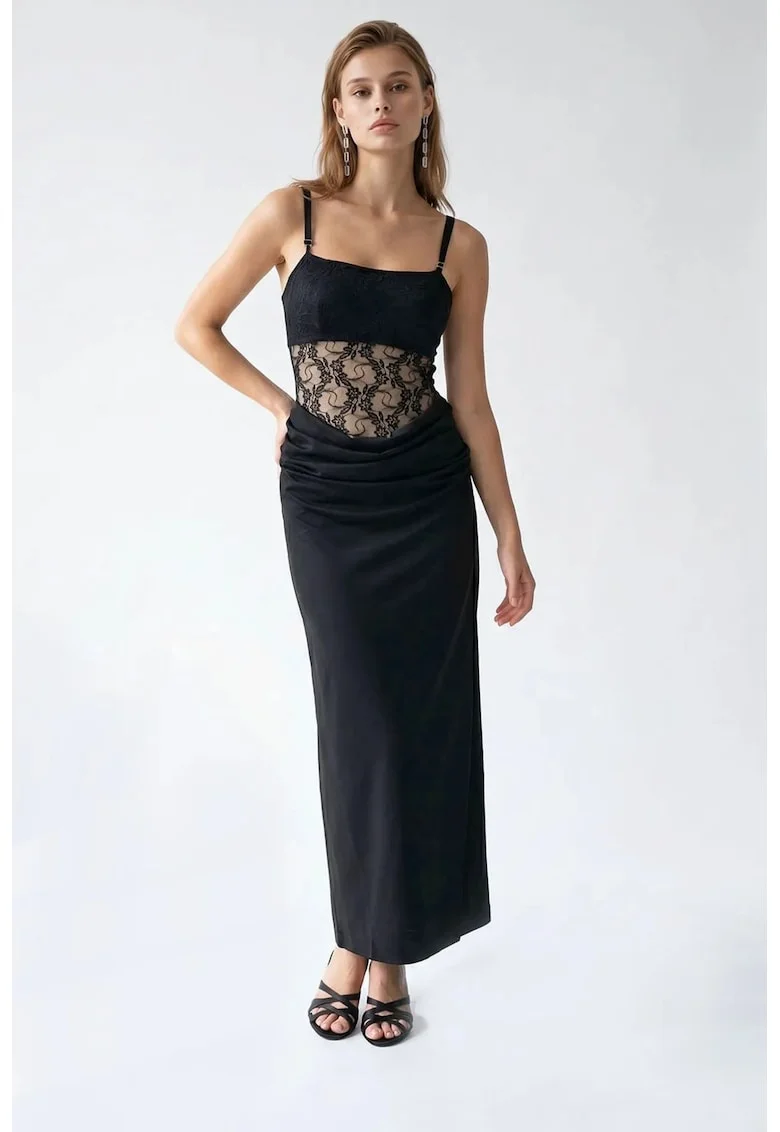 Rochie Maxi,  Satin, Dantela, Negru