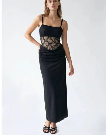Rochie Maxi,  Satin, Dantela, Negru