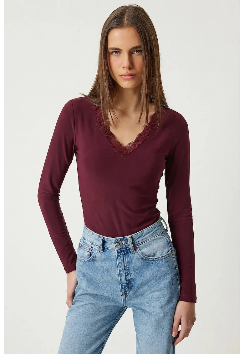 Bluza dama, Happiness Istanbul, maneca lunga, decolteu in V, violet, poliester