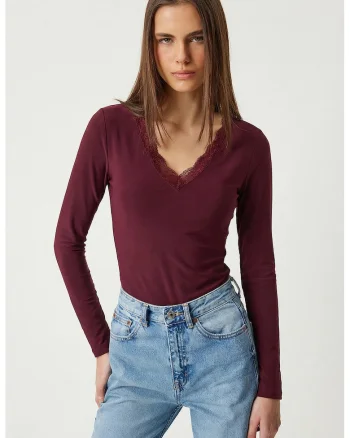 Bluza dama, Happiness Istanbul, maneca lunga, decolteu in V, violet, poliester