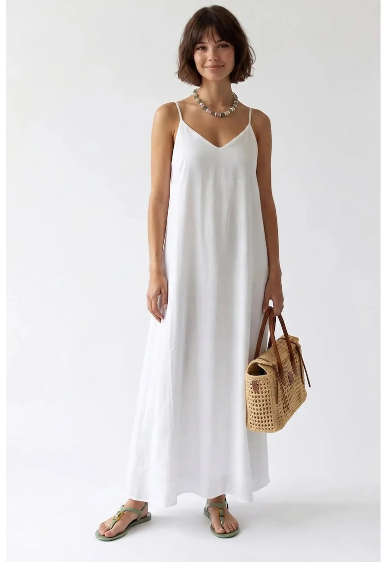 Rochie Maxi Femei,  Alb, Casual, Decolteu in V, Fara inchidere