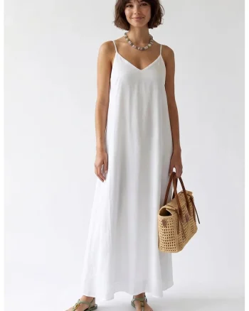 Rochie Maxi Femei,  Alb, Casual, Decolteu in V, Fara inchidere