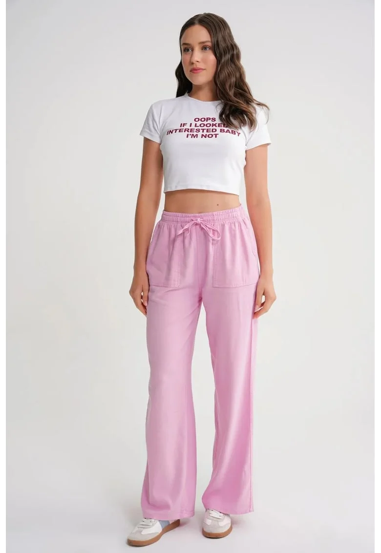 Pantaloni dama,  talie medie, croiala dreapta, roz pudra, bumbac,