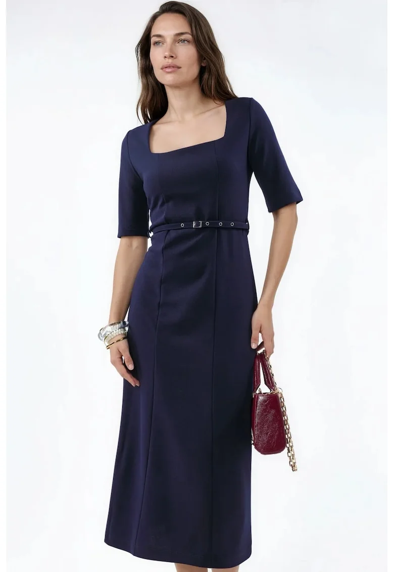 Rochie Midi  Casual, Albastru Marin, cu guler patrat si curea, poliester/elastan