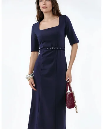 Rochie Midi  Casual, Albastru Marin, cu guler patrat si curea, poliester/elastan