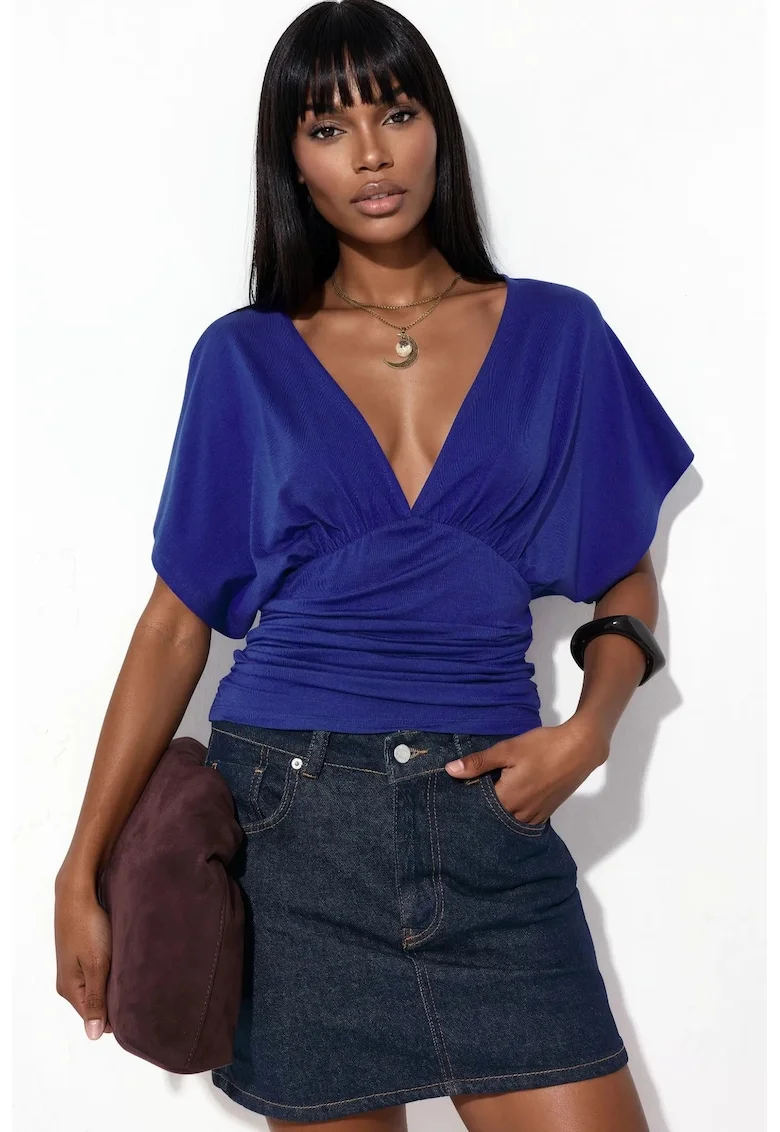 Bluza dama,  slim fit, decolteu in V, albastru cobalt, viscoza cu elastan