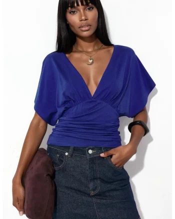 Bluza dama,  slim fit, decolteu in V, albastru cobalt, viscoza cu elastan