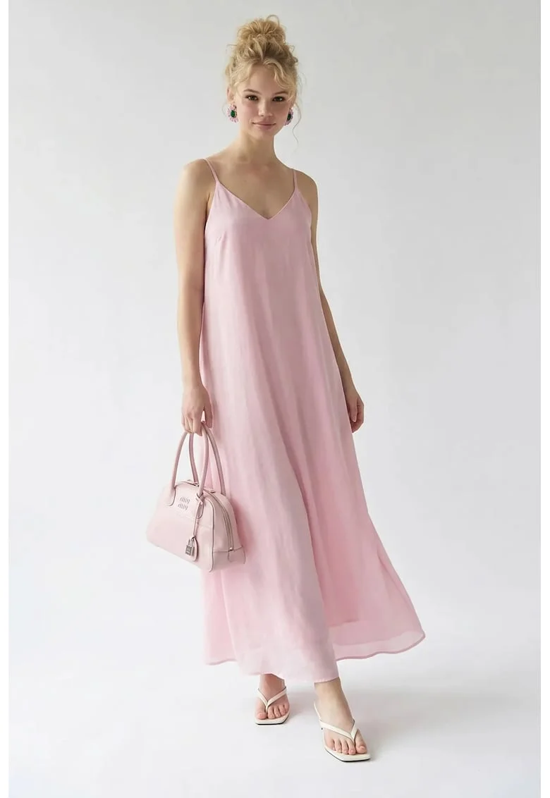 Rochie Maxi,  Fara maneci, Decolteu in V, Roz Pudra, Casual