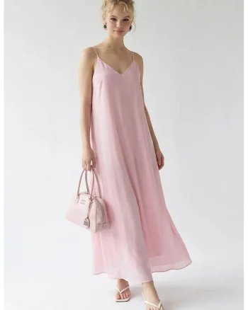 Rochie Maxi,  Fara maneci, Decolteu in V, Roz Pudra, Casual