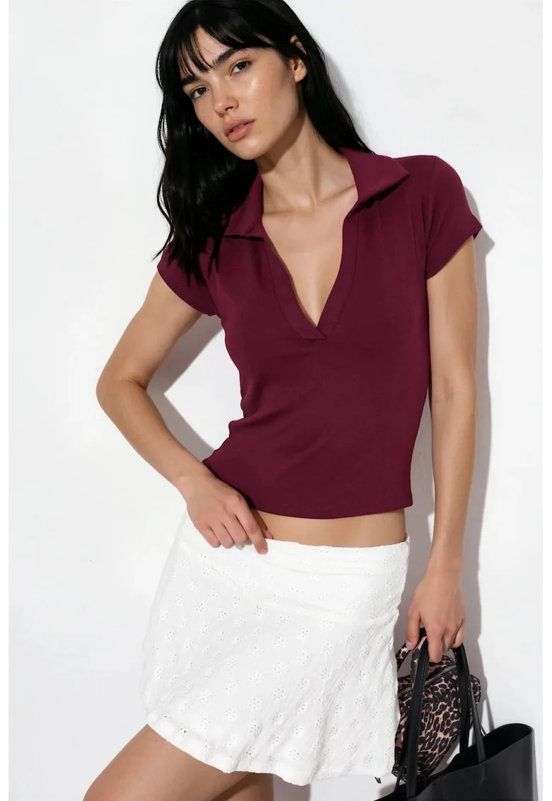 Tricou dama,  Polo Ribbed Slim-Fit, rosu burgundy, 48% modal, 47% bumbac