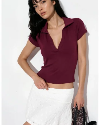 Tricou dama,  Polo Ribbed Slim-Fit, rosu burgundy, 48% modal, 47% bumbac