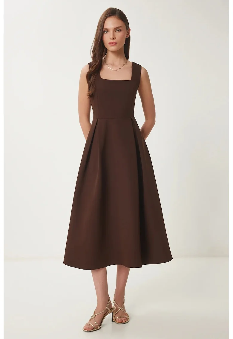 Rochie midi, Happiness Istanbul, guler patrat, fermoar, maro mocha, poliester,