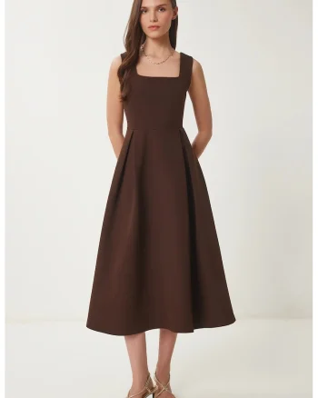 Rochie midi, Happiness Istanbul, guler patrat, fermoar, maro mocha, poliester,