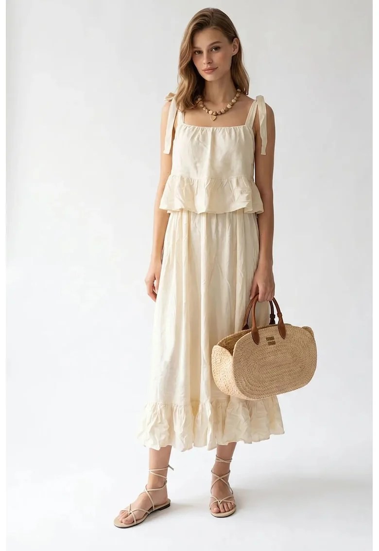 Rochie Midi Femei  Crem Natural, volanase, 100% poliester