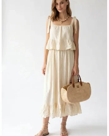 Rochie Midi Femei  Crem Natural, volanase, 100% poliester