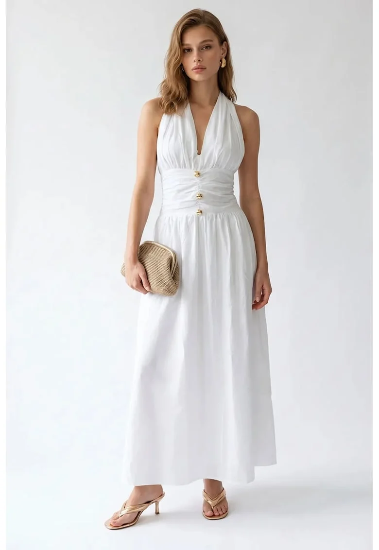Rochie Maxi,  Casual, Guler Halter, Alb, 100% bumbac