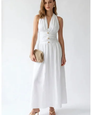 Rochie Maxi,  Casual, Guler Halter, Alb, 100% bumbac