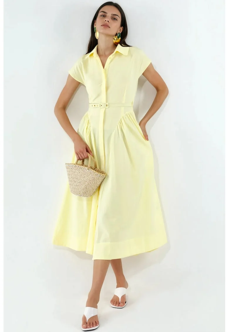 Rochie Midi  cu Cordon, Galben Lamaie, Bumbac si Poliester, Casual